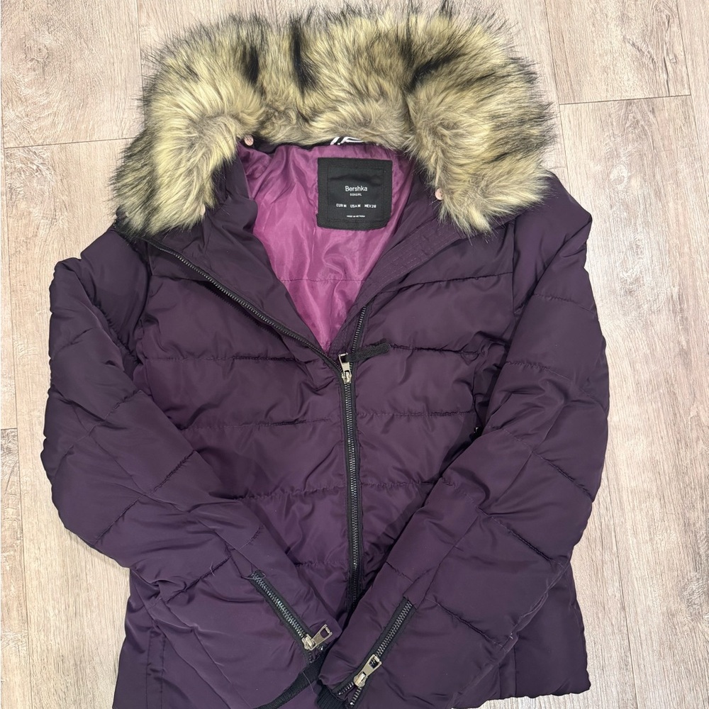 Bershka Deep Purple Puffer Jacket with Faux Fur Trim